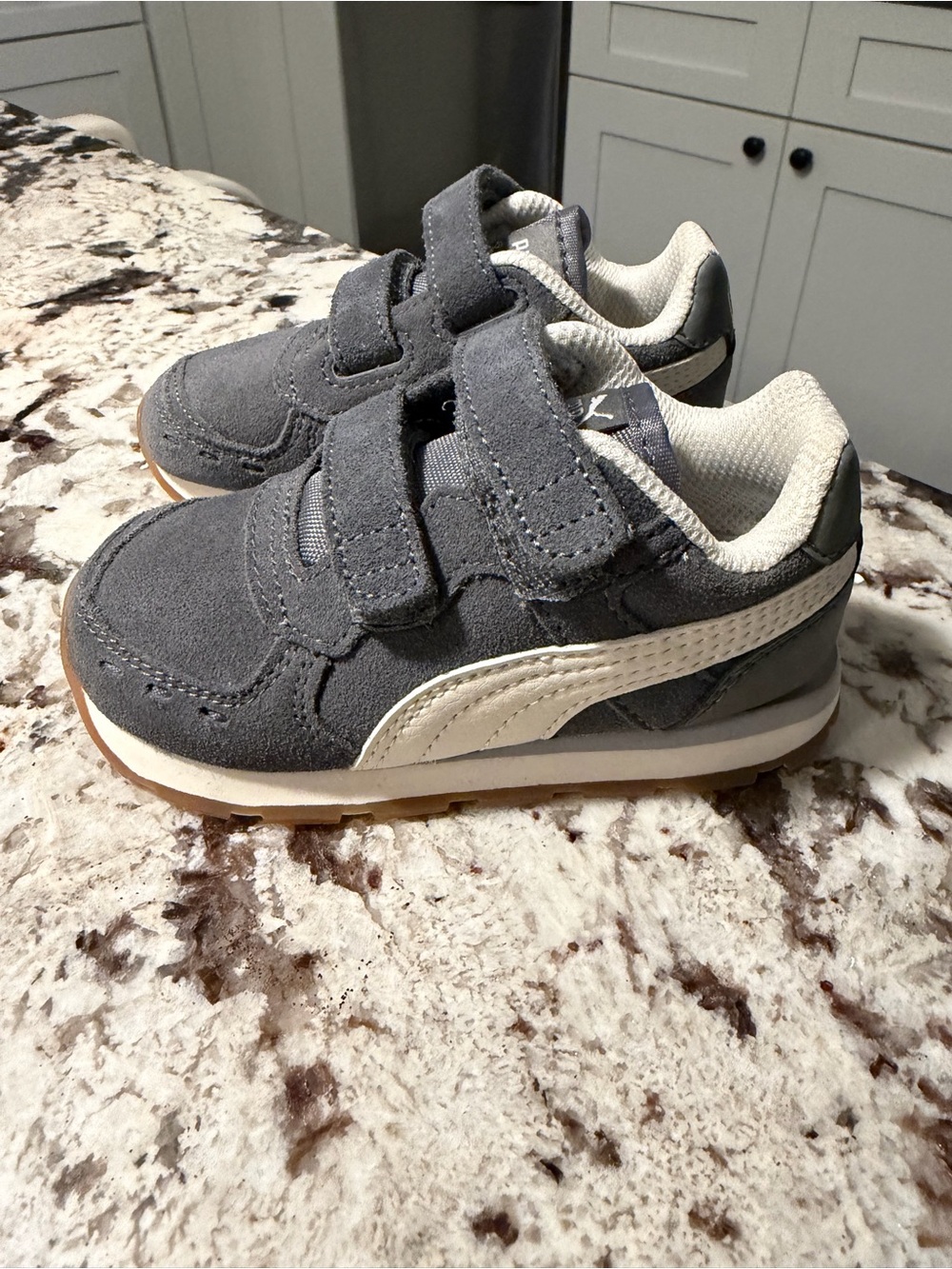 Puma Kids Gray and White Suede Hook-and-Loop Sneakers